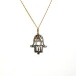This Hamsa Pendant/necklace incorporates a cut-out design of a Star of David of filigree style with a diamond cut pattern for extra sparkle.