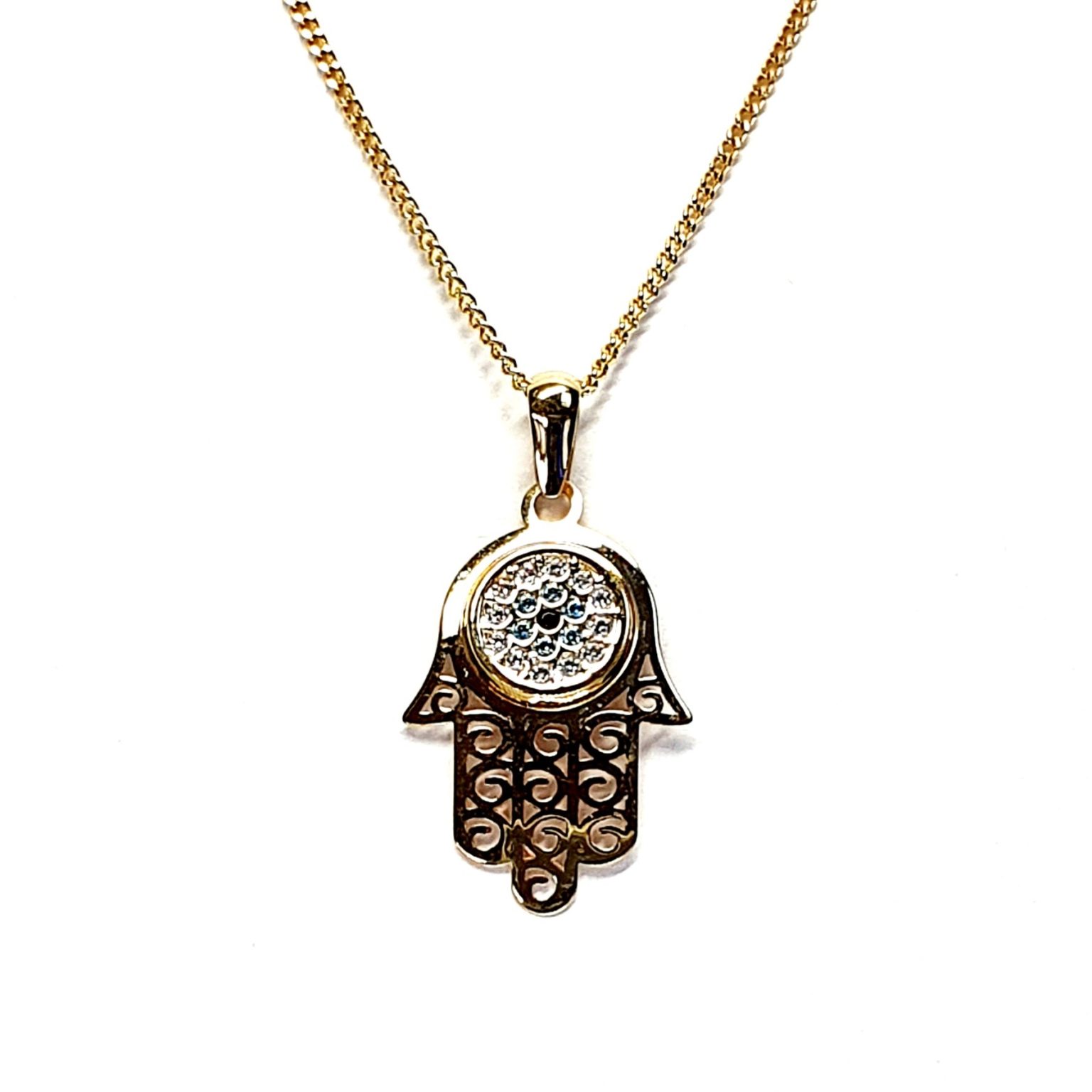 9ct gold Hamza or Hamzah pendant/necklace with a choice of 16,18 or 20 inch curb link chain
