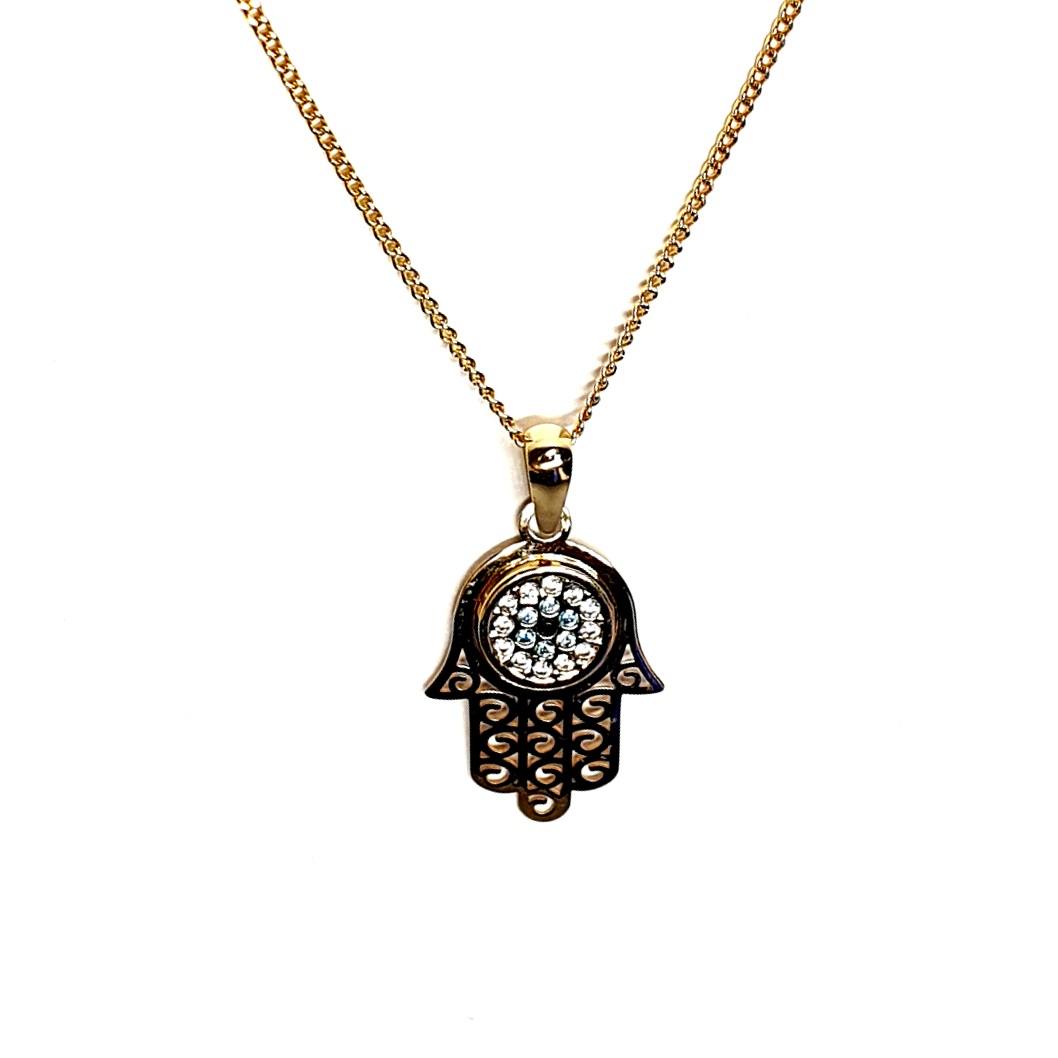 9ct gold Hamza or Hamzah pendant/necklace with a choice of 16,18 or 20 inch curb link chain