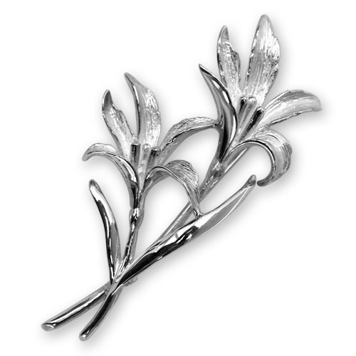 Sterling silver lily flower brooch with two stems.
