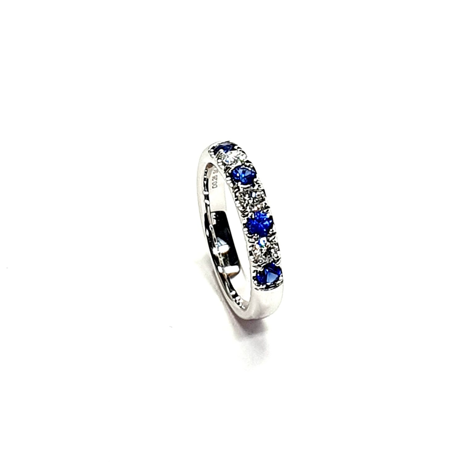 18ct White Gold Royal Blue Sapphire & Diamond Eternity Ring RA00690 Four 2.8mm round sapphires and three 2.8mm round diamonds ring oval section court or comfort fit 3.7mm wide 