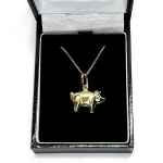 9ct gold pig necklace/puffed pig pendant with or without a chain in 16, 18 or 20 inches. Pictured in box.
