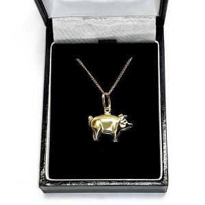 9ct gold pig necklace/puffed pig pendant with or without a chain in 16, 18 or 20 inches. Pictured in box.