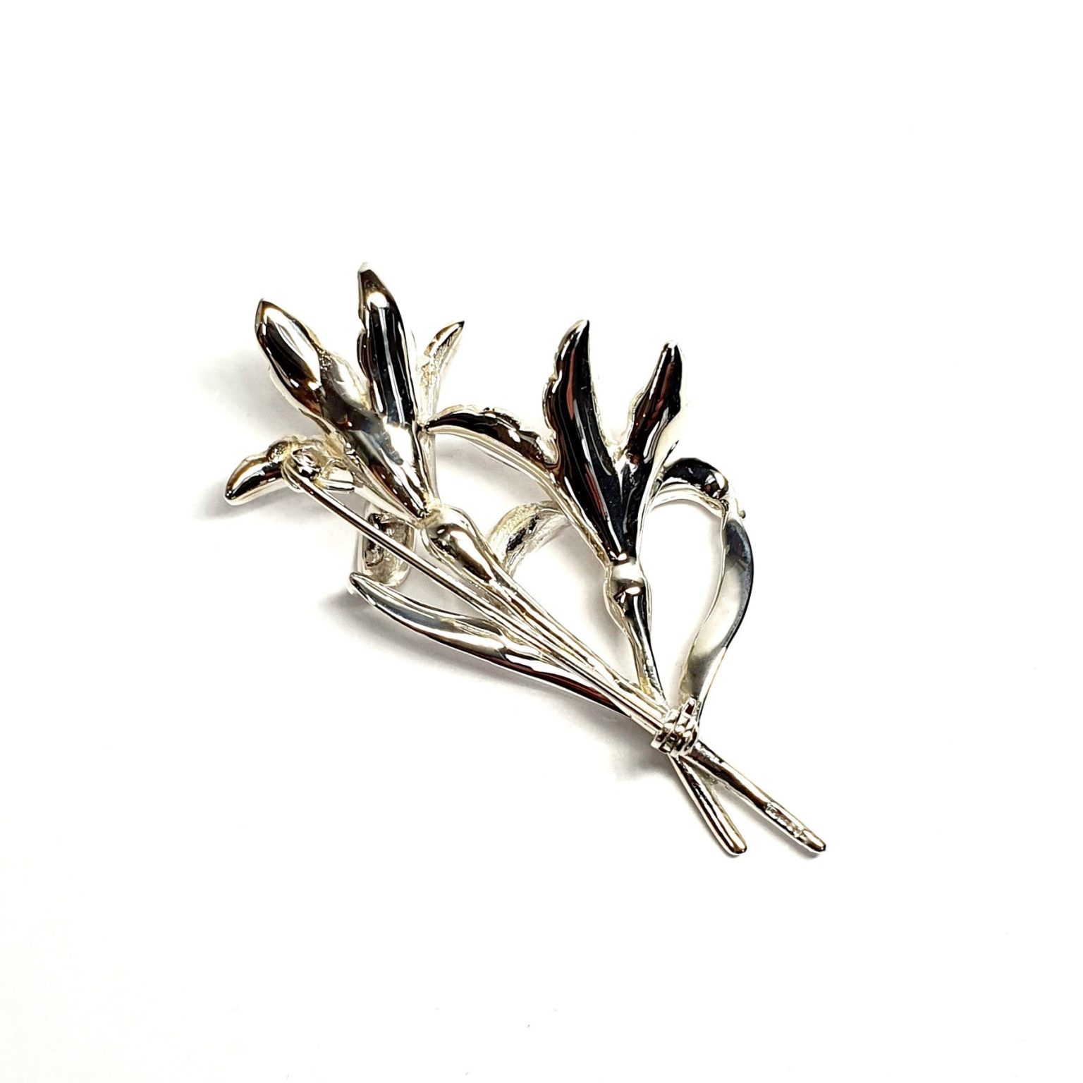 Sterling silver lily flower brooch with two stems back view.