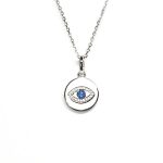 A round disc silver evil eye necklace/pendant made in real sterling silver with sparkling blue & white cubic zirconia with a highly polished finish.