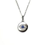 A round disc silver evil eye necklace/pendant made in real sterling silver with sparkling blue & white cubic zirconia with a highly polished finish.