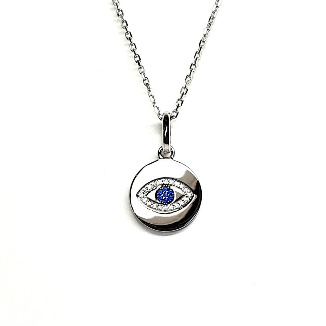 A round disc silver evil eye necklace/pendant made in real sterling silver with sparkling blue & white cubic zirconia with a highly polished finish.
