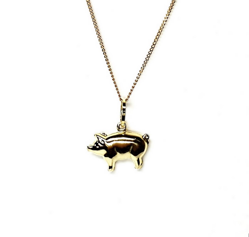 9ct gold pig necklace/puffed pig pendant with or without a chain in 16, 18 or 20 inches.