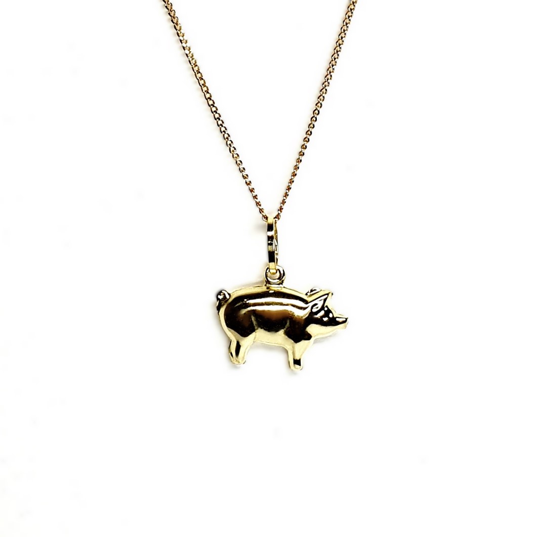 9ct gold pig necklace/puffed pig pendant with or without a chain in 16, 18 or 20 inches.