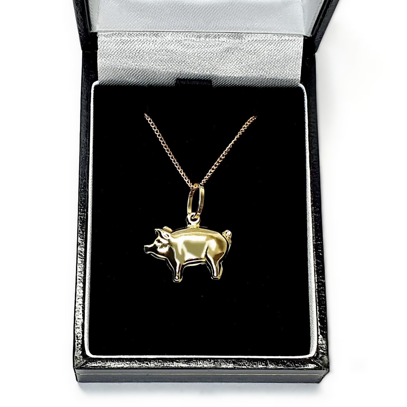 9ct gold pig necklace/puffed pig pendant with or without a chain in 16, 18 or 20 inches. Pictured in box.
