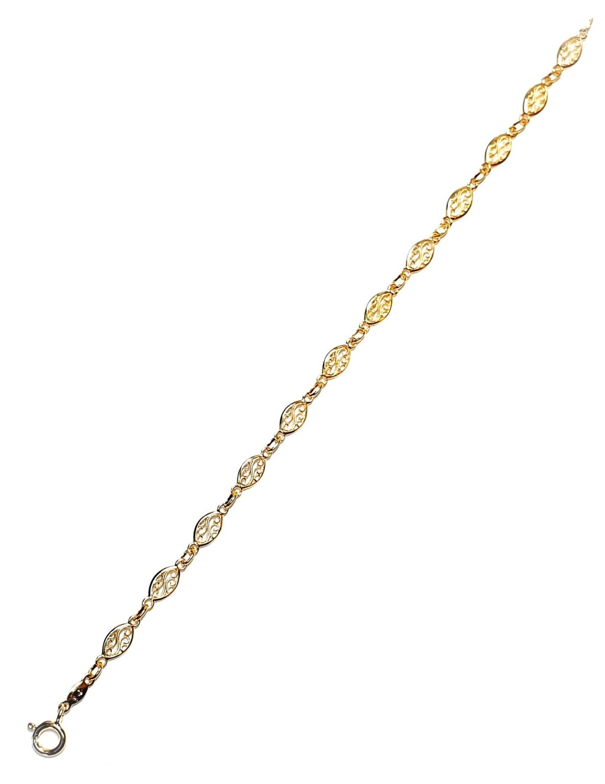 18ct yellow gold 5mm wide filigree oval bracelet 18cm/7inches long.