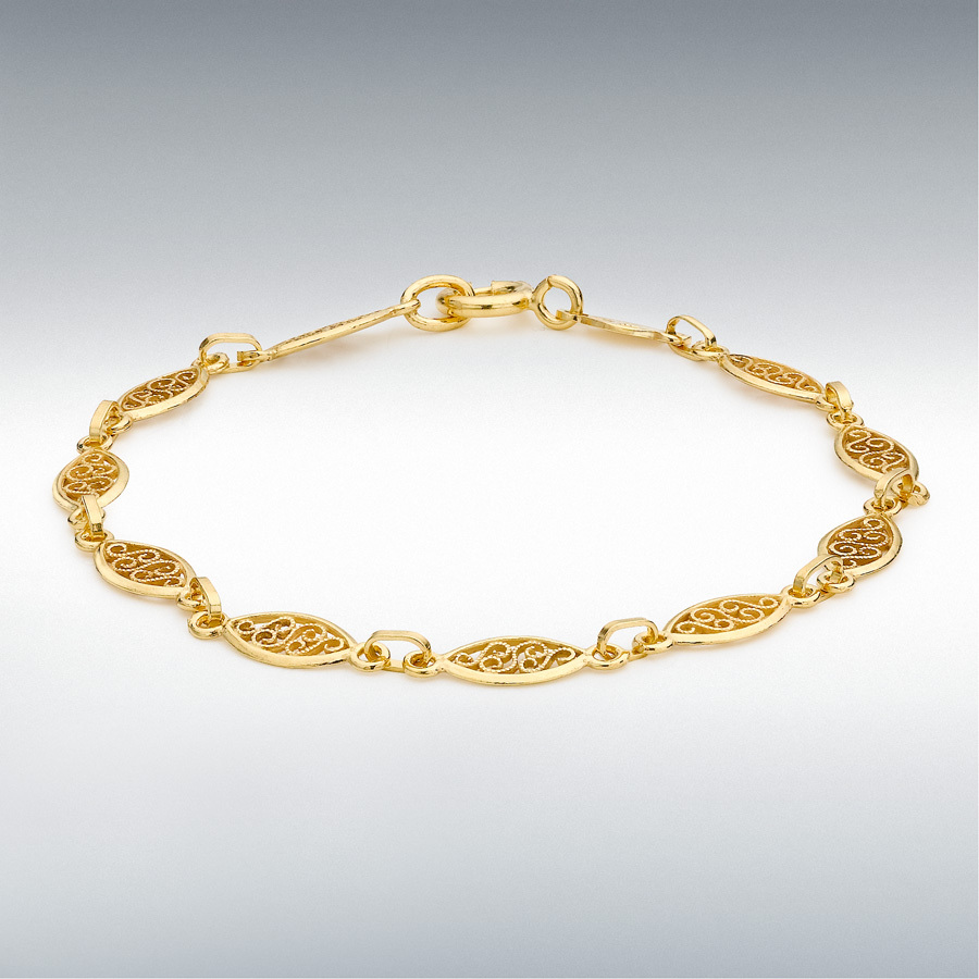18ct yellow gold 5mm wide filigree oval bracelet 18cm/7inches long.