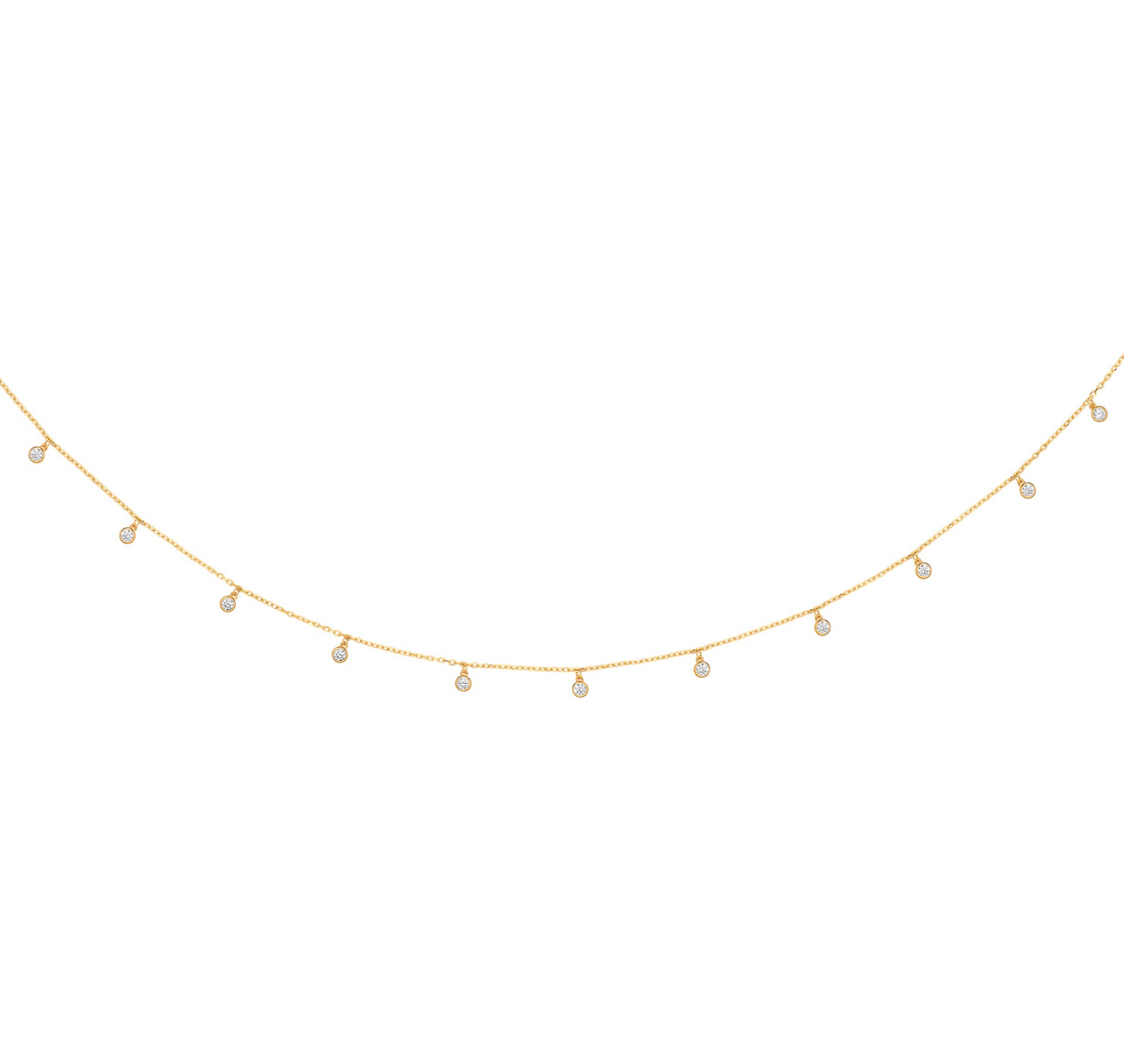 9ct yellow gold bracelet with eleven sparkling white dangling cubic zirconia stones evenly spaced onto a petite diamond cut trace 7.5-inch/18.5cm chain bracelet with a bolt ring clasp BL00233.