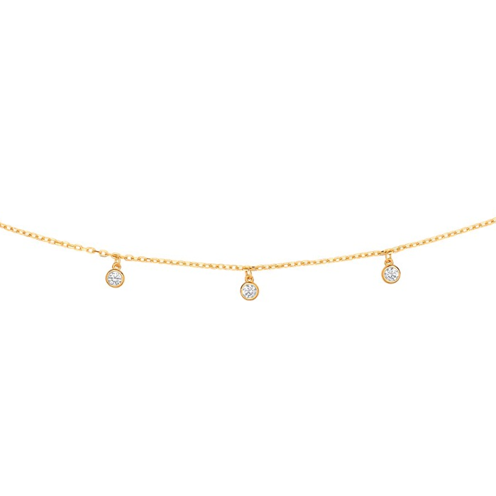 9ct yellow gold bracelet with eleven sparkling white dangling cubic zirconia stones evenly spaced onto a petite diamond cut trace 7.5-inch/18.5cm chain bracelet with a bolt ring clasp BL00233.