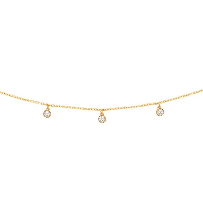 9ct yellow gold bracelet with eleven sparkling white dangling cubic zirconia stones evenly spaced onto a petite diamond cut trace 7.5-inch/18.5cm chain bracelet with a bolt ring clasp BL00233.