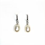 18ct white gold polished huggie loop/hoop earrings leading to a single round diamond and then onto  a single oval pearl drop.