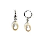 18ct white gold polished huggie loop/hoop earrings leading to a single round diamond and then onto  a single oval pearl drop.