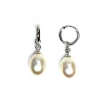 18ct white gold polished huggie loop/hoop earrings leading to a single round diamond and then onto  a single oval pearl drop.