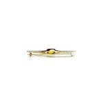 9ct yellow gold pre-loved bar brooch with an oval peridot gemstone in a landscape rub-over setting with a straight pin and a swivel safety catch.