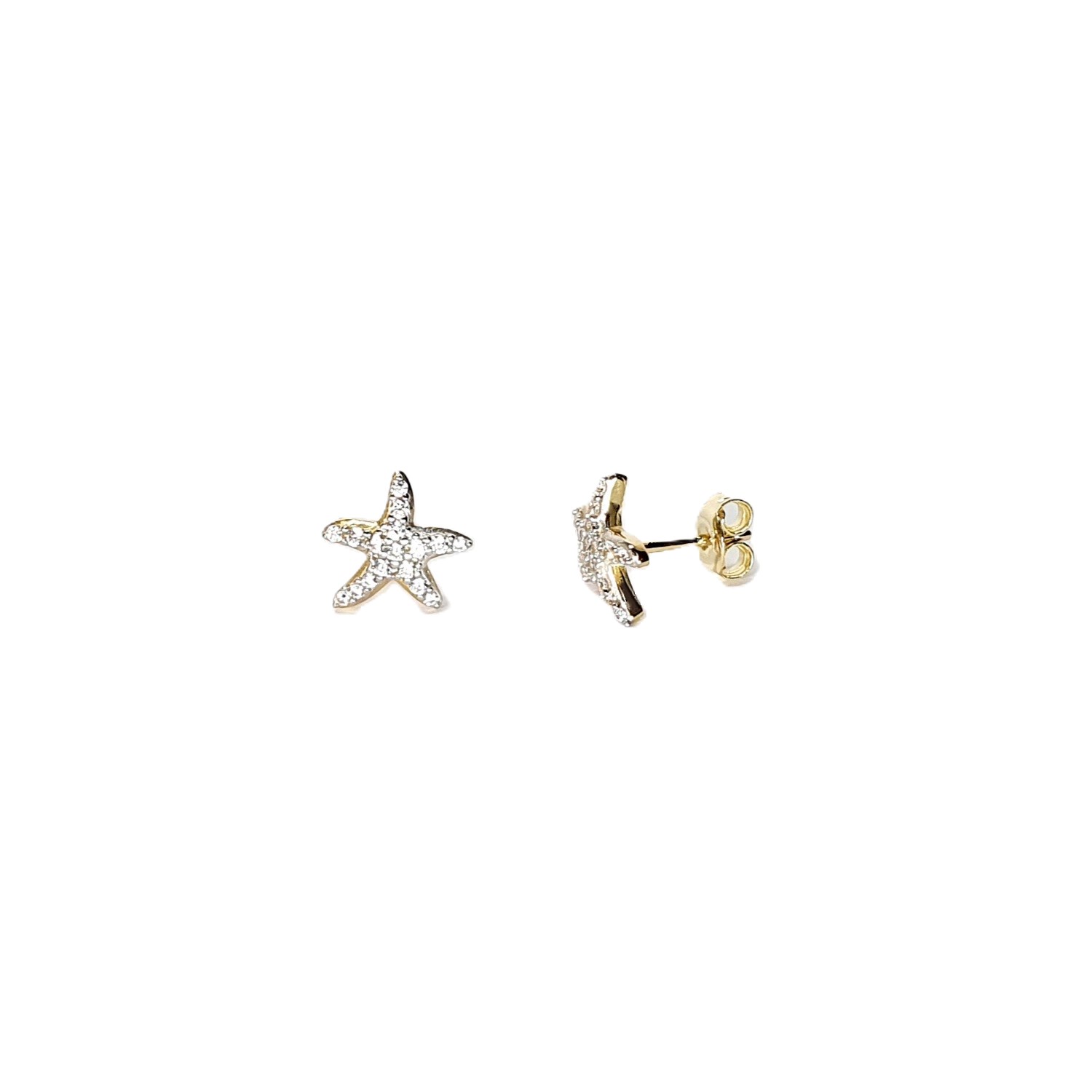 9ct yellow gold starfish stud earrings set with seventeen cubic zirconia's to each stud ES00790 10mm.
