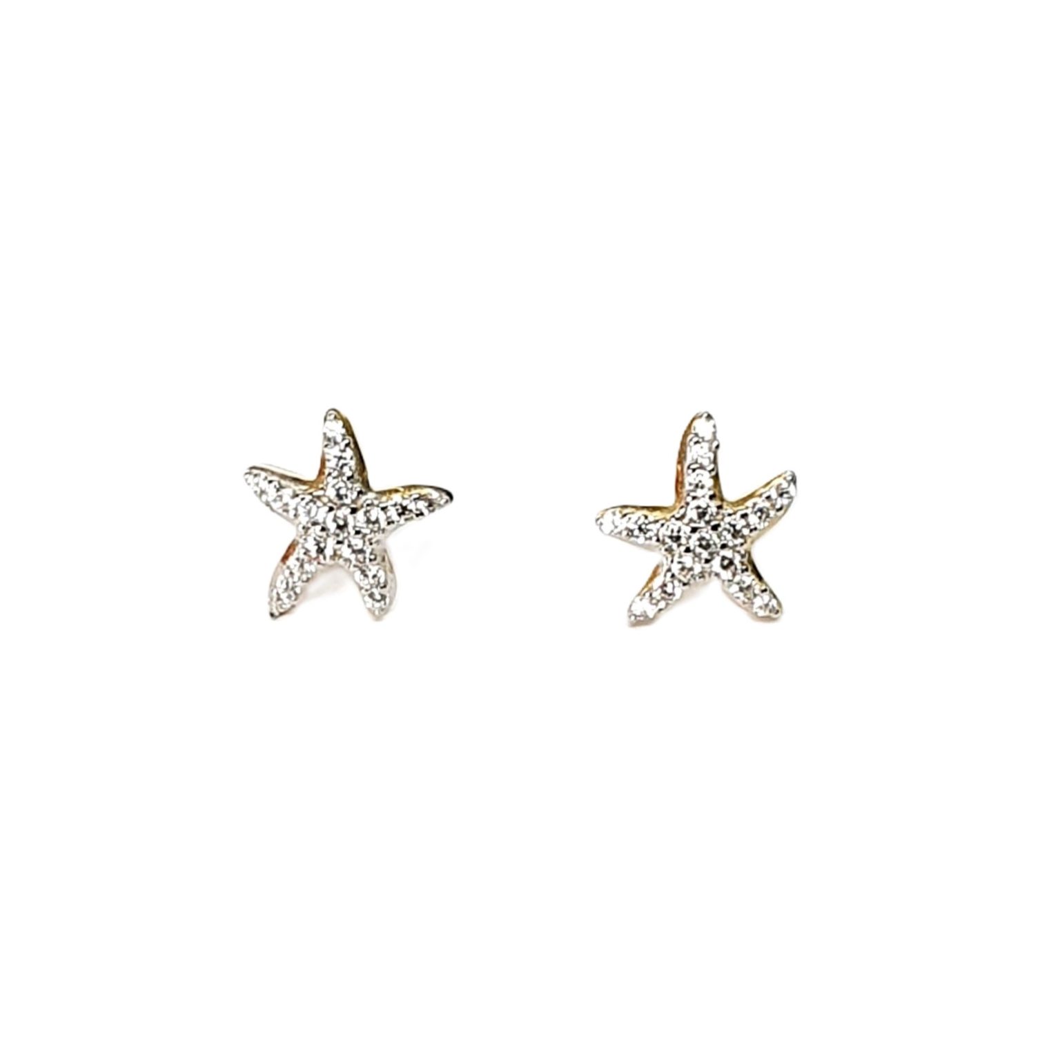 9ct yellow gold starfish stud earrings set with seventeen cubic zirconia's to each stud ES00790 10mm.