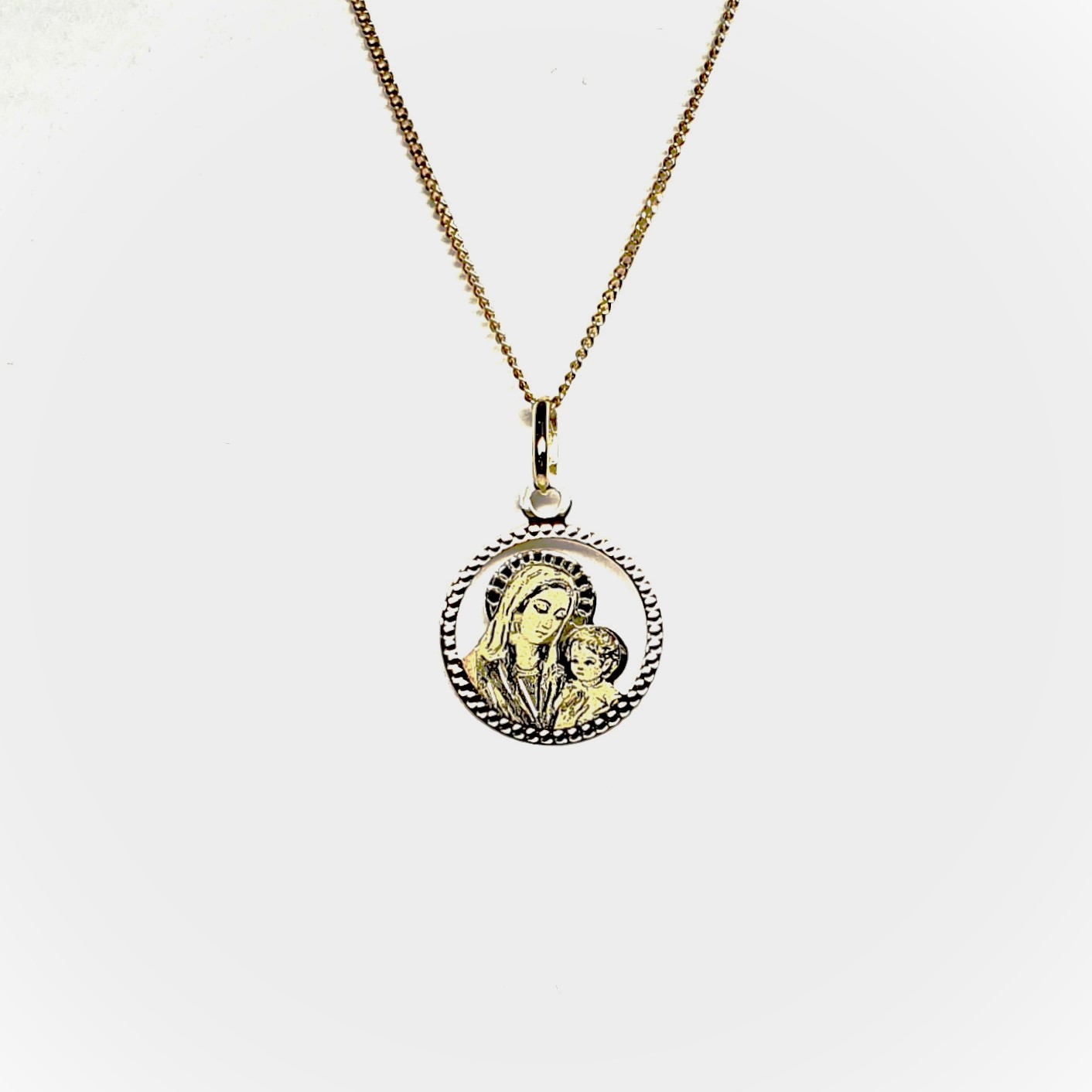 9ct yellow gold Mary and Child pendant and chain necklace PC00371 with a laser engraved detail