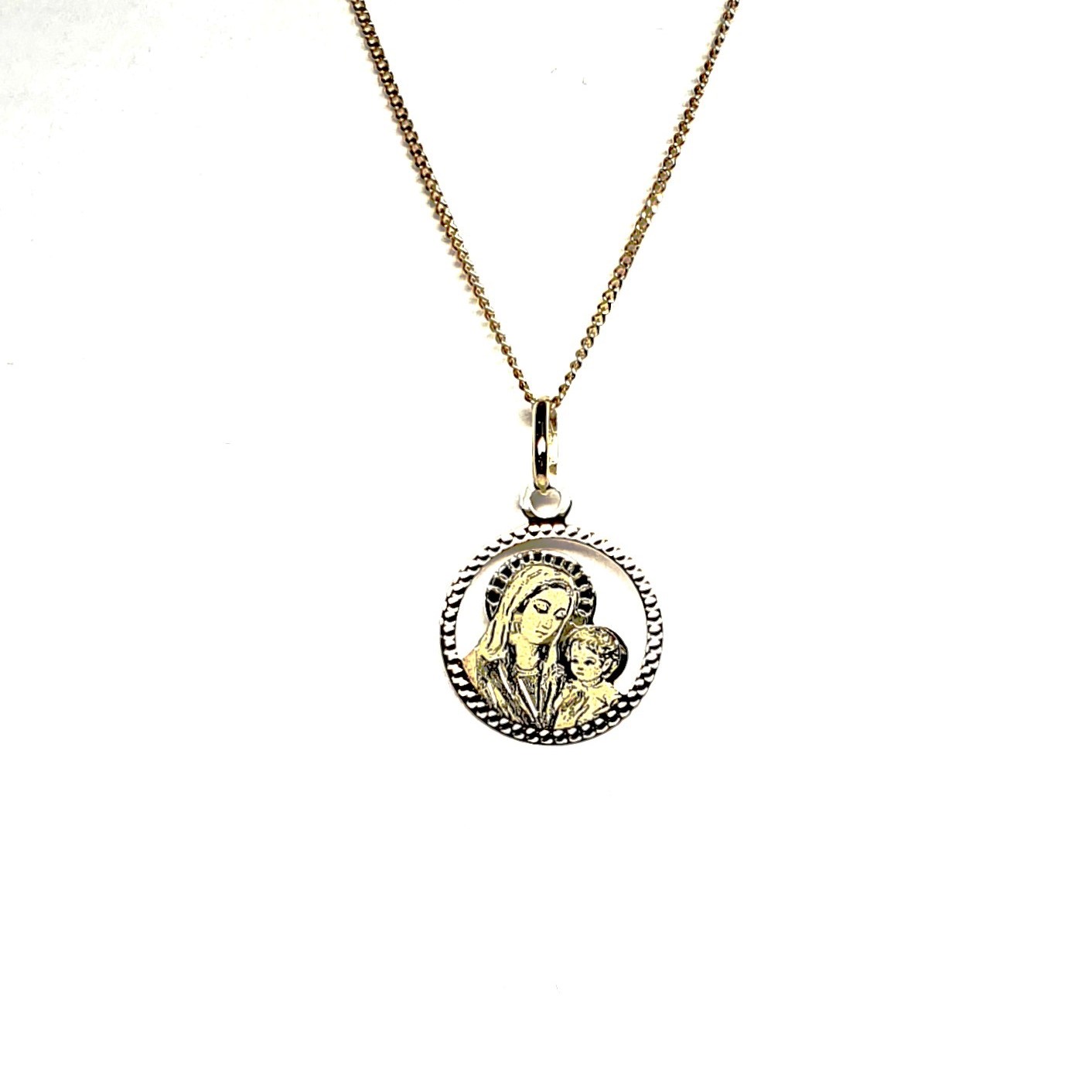9ct yellow gold Mary and Child pendant and chain necklace PC00371 with a laser engraved detail