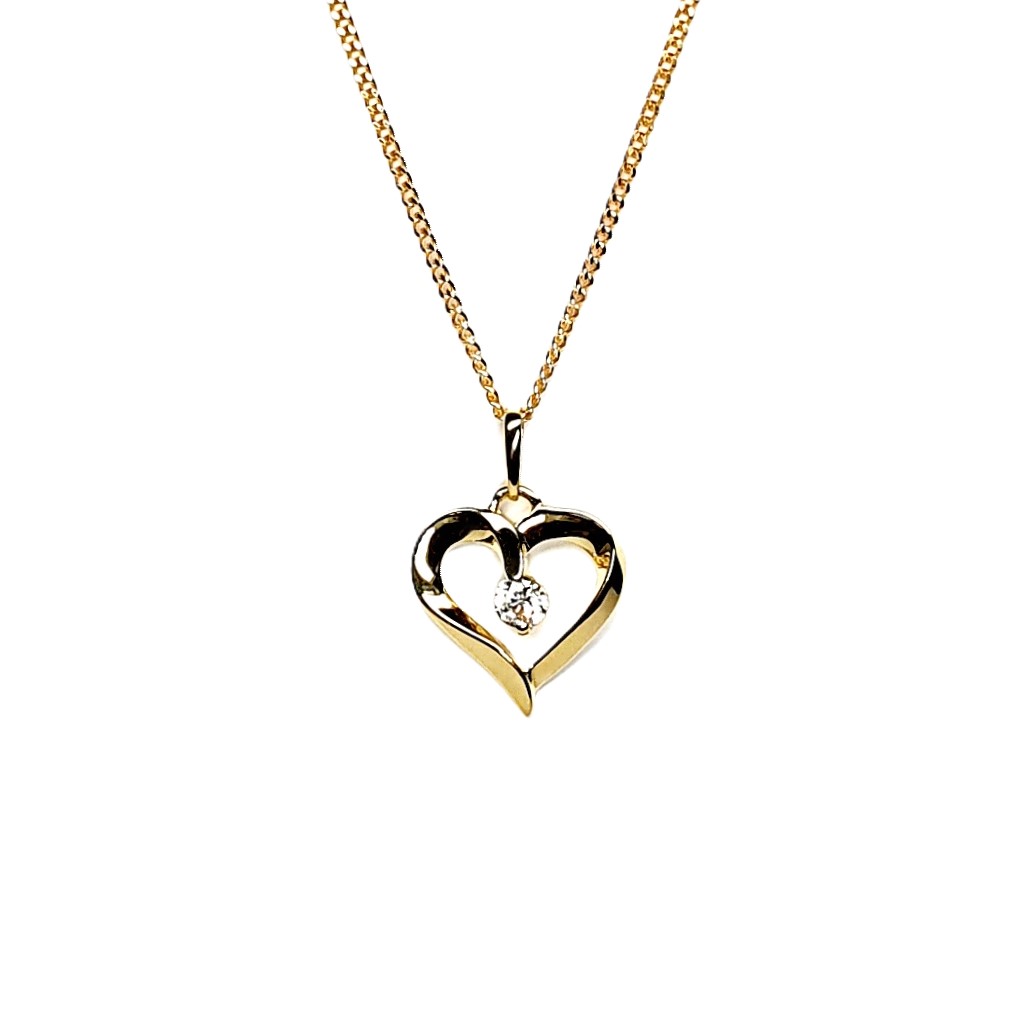 9ct yellow gold open heart pendant and chain necklace with a single 3mm cubic zirconia set to the centre with or without a 16,18, or 20inch 9ct gold curb link chain.