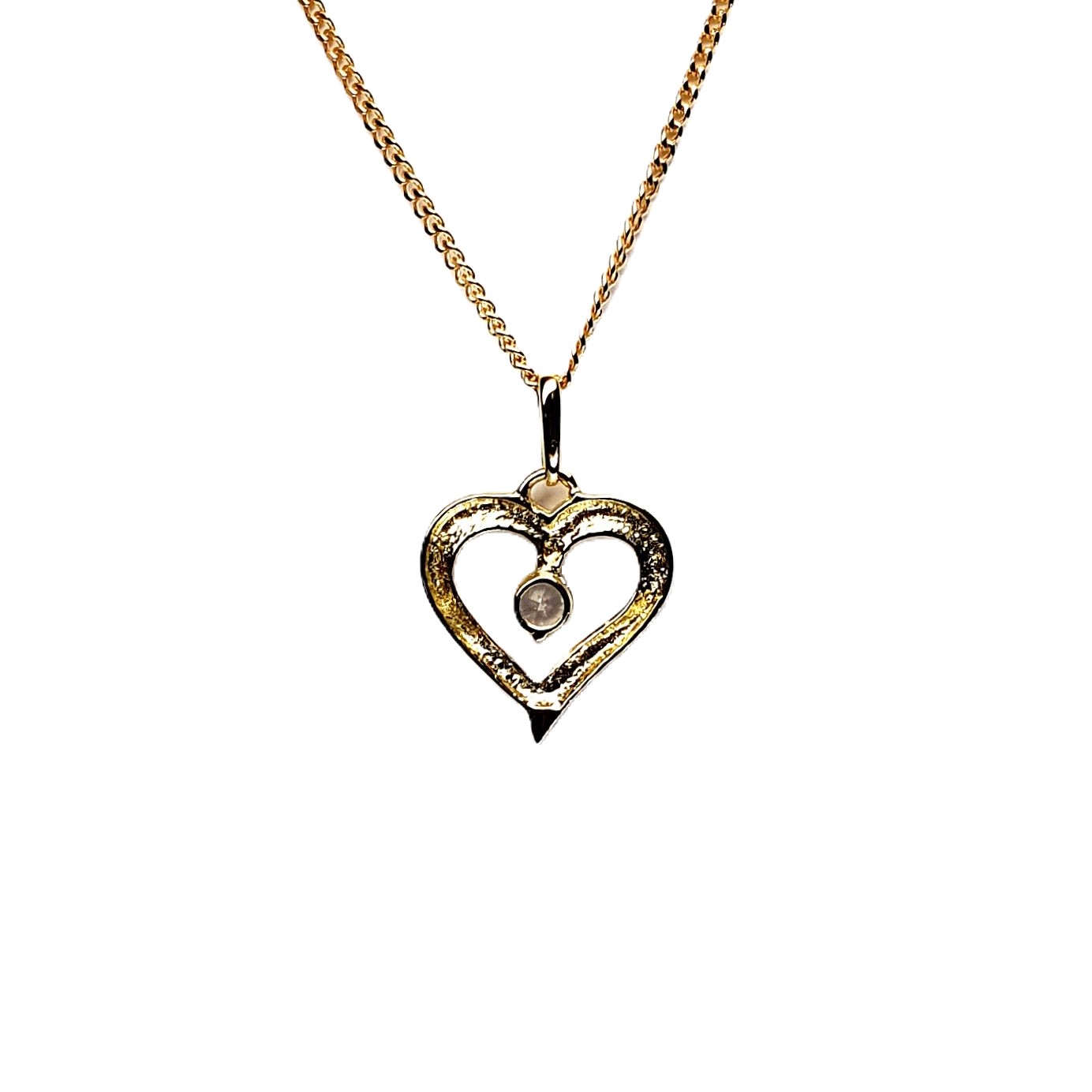 9ct yellow gold open heart pendant and chain necklace with a single 3mm cubic zirconia set to the centre with or without a 16,18, or 20inch 9ct gold curb link chain.