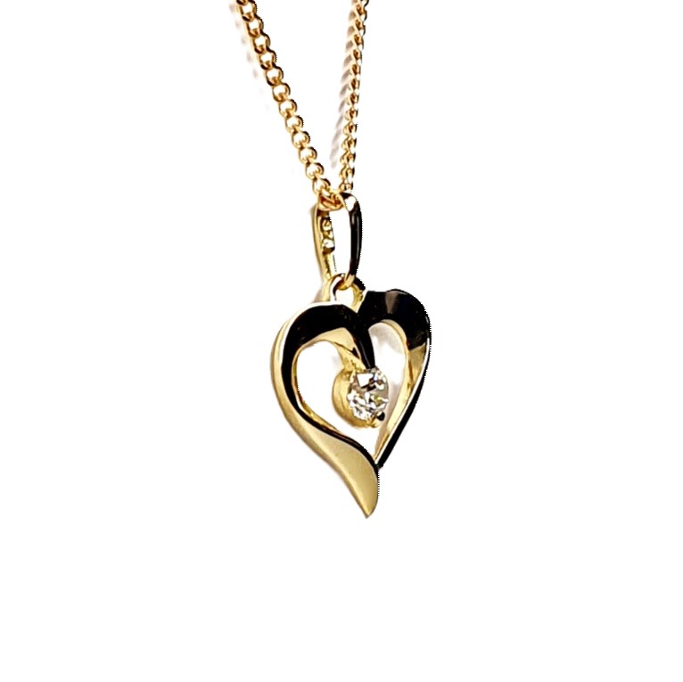 9ct yellow gold open heart pendant and chain necklace with a single 3mm cubic zirconia set to the centre with or without a 16,18, or 20inch 9ct gold curb link chain.