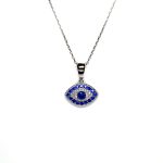 An eye-shaped silver evil eye necklace/pendant made in real sterling silver with sparkling blue & white cubic zirconia with a highly polished finish with a choice of 16, 18 or 20-inch silver chain PCS00131.