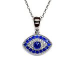 An eye-shaped silver evil eye necklace/pendant made in real sterling silver with sparkling blue & white cubic zirconia with a highly polished finish with a choice of 16, 18 or 20-inch silver chain PCS00131.