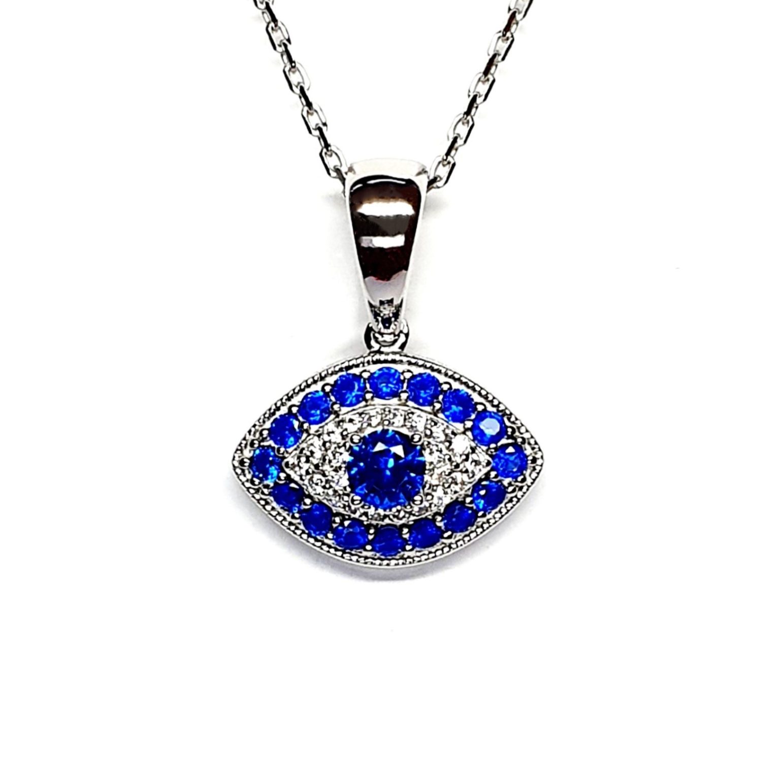 An eye-shaped silver evil eye necklace/pendant made in real sterling silver with sparkling blue & white cubic zirconia with a highly polished finish with a choice of 16, 18 or 20-inch silver chain PCS00131.