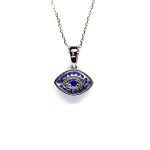 An eye-shaped silver evil eye necklace/pendant made in real sterling silver with sparkling blue & white cubic zirconia with a highly polished finish with a choice of 16, 18 or 20-inch silver chain PCS00131.Back view