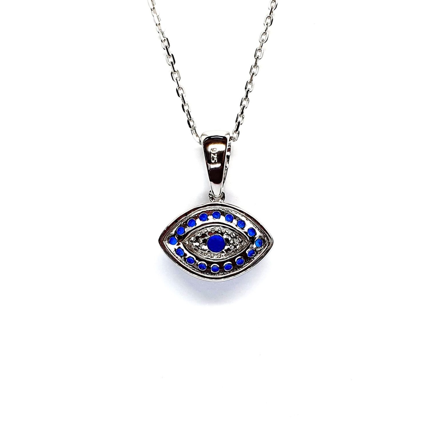 An eye-shaped silver evil eye necklace/pendant made in real sterling silver with sparkling blue & white cubic zirconia with a highly polished finish with a choice of 16, 18 or 20-inch silver chain PCS00131.Back view