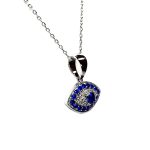An eye-shaped silver evil eye necklace/pendant made in real sterling silver with sparkling blue & white cubic zirconia with a highly polished finish with a choice of 16, 18 or 20-inch silver chain PCS00131.