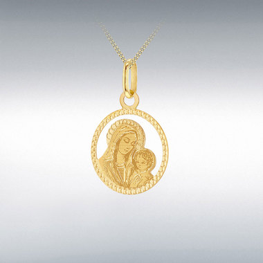 9ct yellow gold Mary and Child pendant and chain necklace PC00371 with a laser engraved detail
