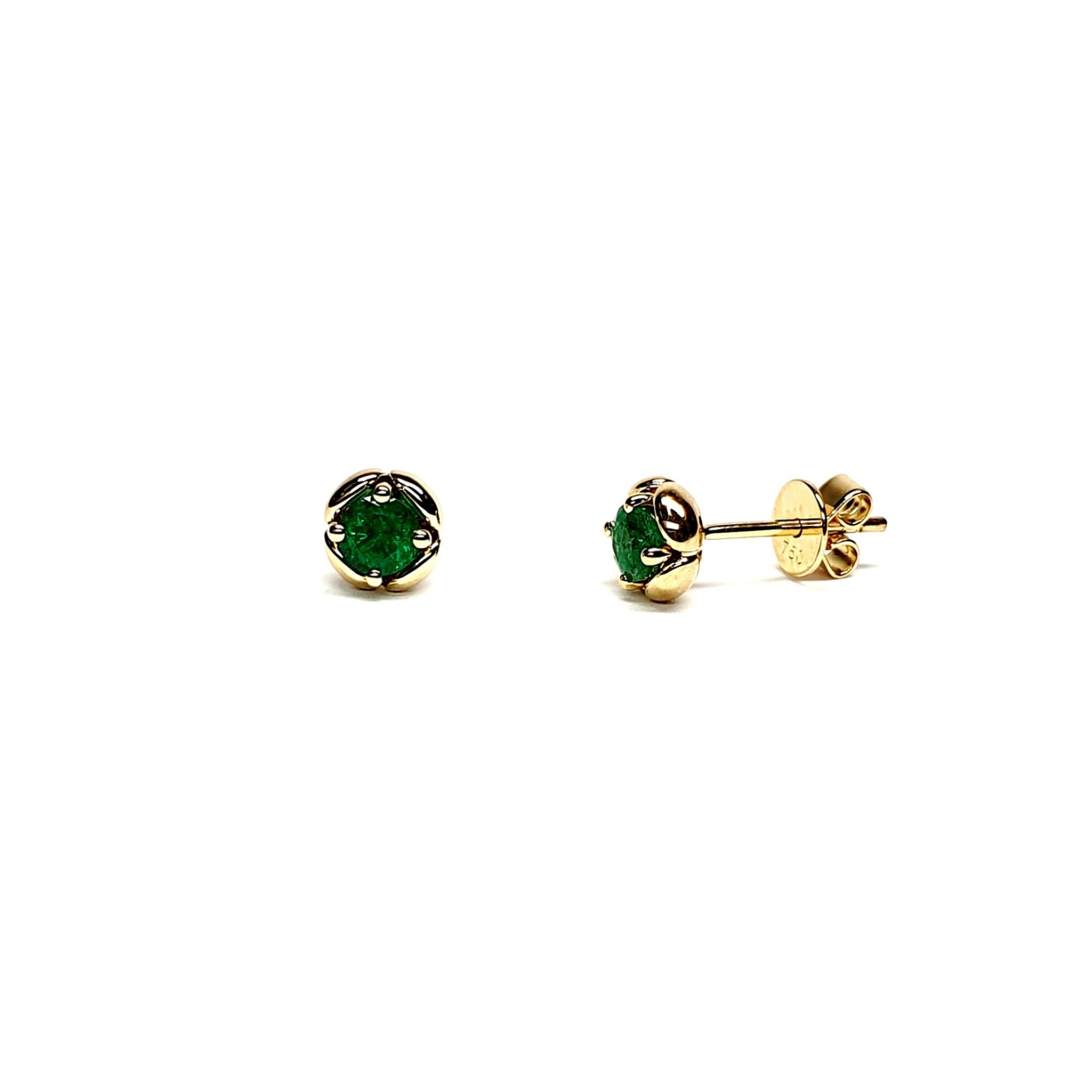 18ct yellow gold round emeralds in a flowering bud design stud earring ESA00505.