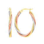 Oval three-colour gold hallmarked loop/hoop earrings with three twisted rose white & yellow gold tubes dimensions 30mm x 21.3mm.