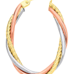 Oval three-colour gold hallmarked loop/hoop earrings with three twisted rose white & yellow gold tubes dimensions 30mm x 21.3mm.Close up picture.