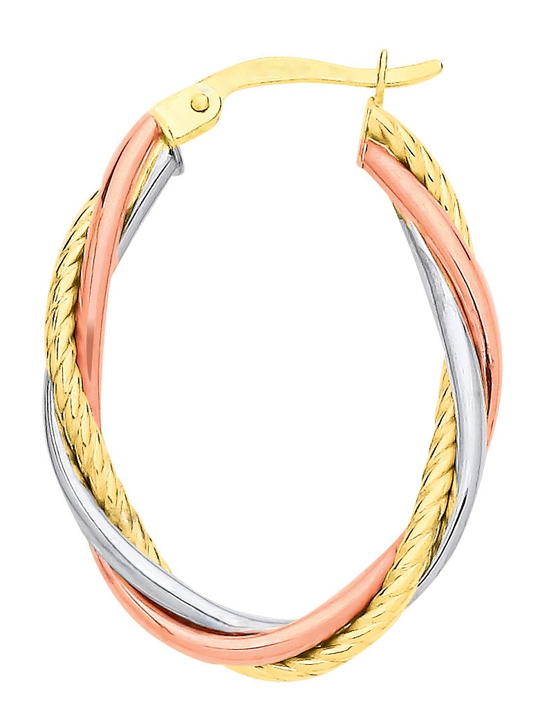 Oval three-colour gold hallmarked loop/hoop earrings with three twisted rose white & yellow gold tubes dimensions 30mm x 21.3mm.Close up picture.