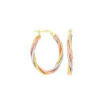 Oval three-colour gold hallmarked loop/hoop earrings with three twisted rose white & yellow gold tubes dimensions 30mm x 21.3mm.