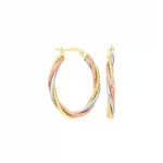 Oval three-colour gold hallmarked loop/hoop earrings with three twisted rose white & yellow gold tubes dimensions 30mm x 21.3mm.