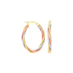 Oval three-colour gold hallmarked loop/hoop earrings with three twisted rose white & yellow gold tubes dimensions 30mm x 21.3mm.