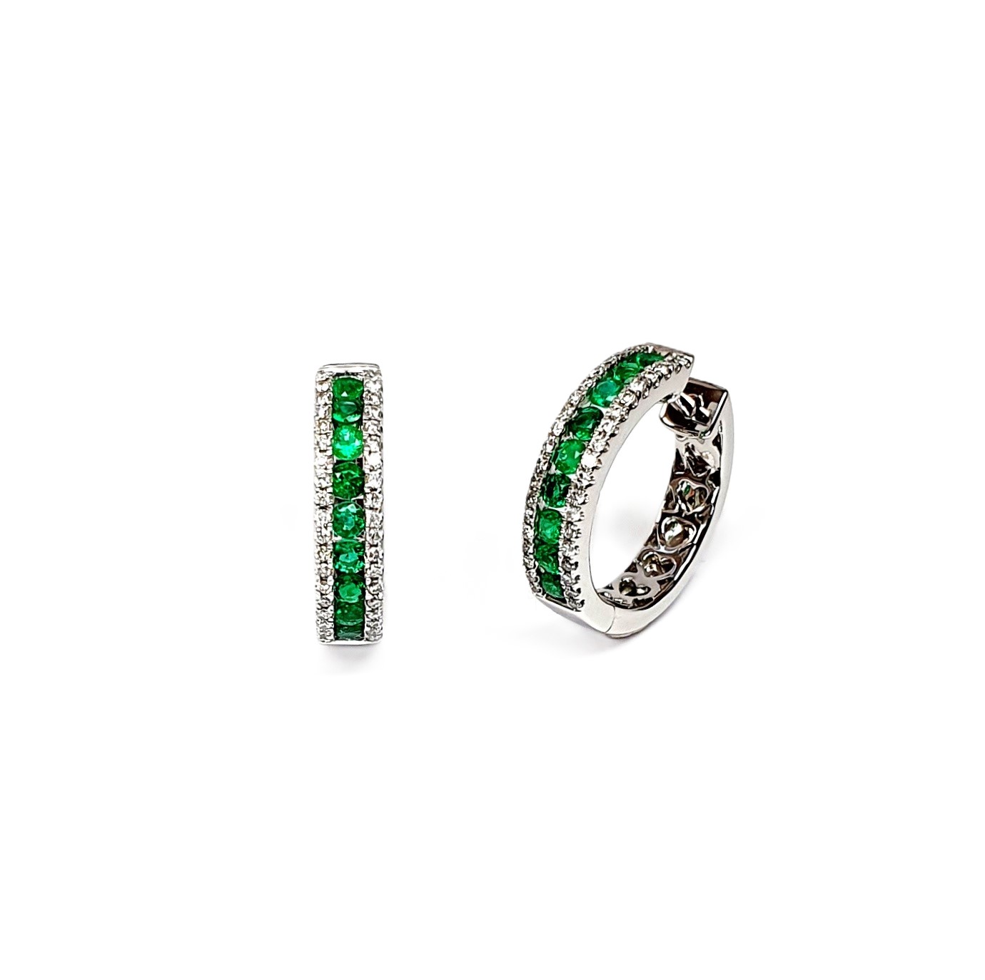 18ct White Gold Emerald & Diamond Hoop Earring facing left, highlighting the gemstones and white gold detail.