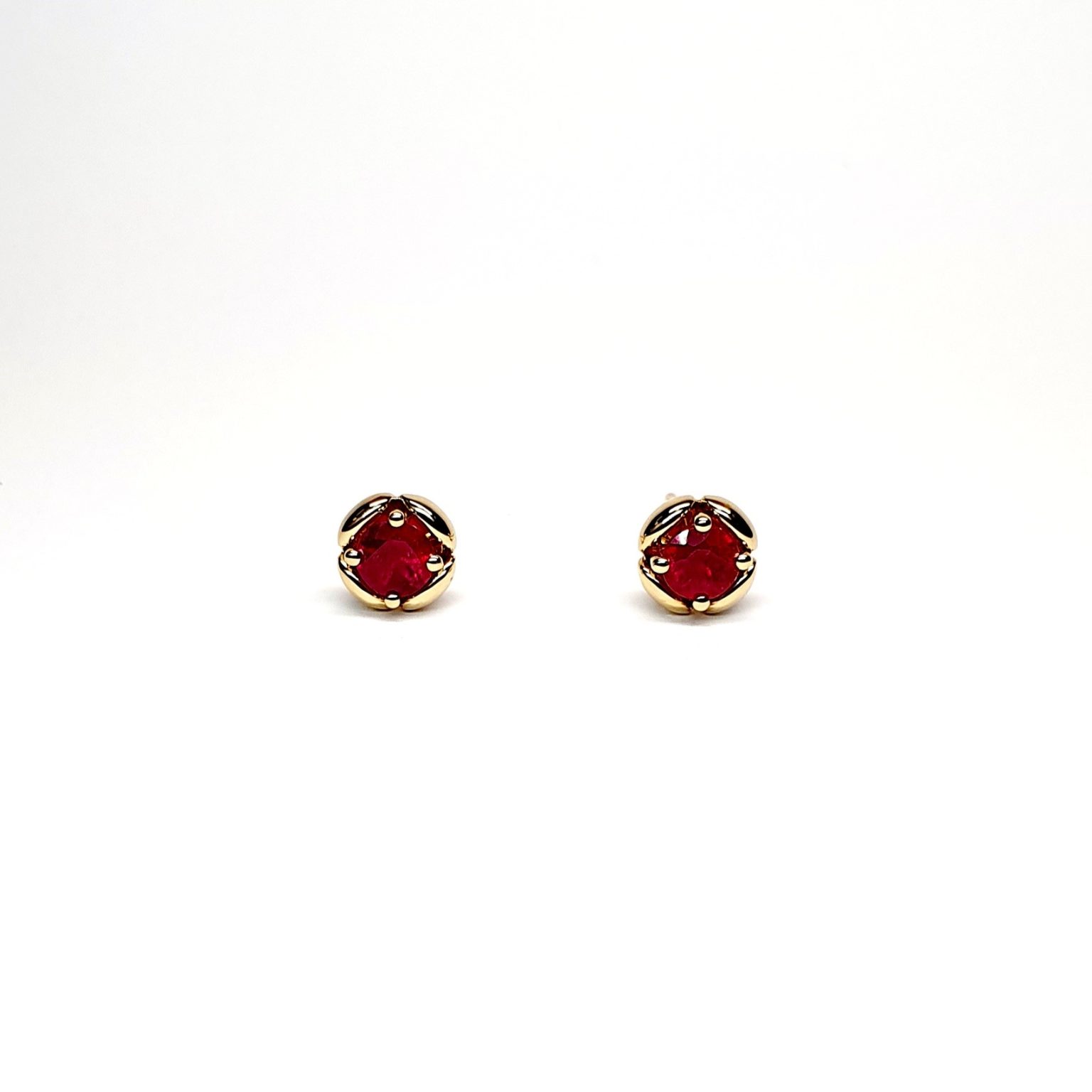 18ct yellow gold round ruby in a flowering bud design stud earring with friction butterfly ear back fittings ESA00507