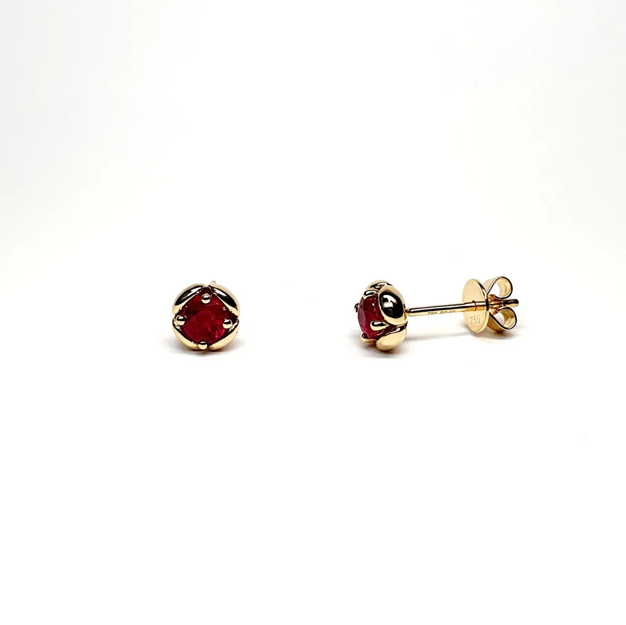 18ct yellow gold round ruby in a flowering bud design stud earring with friction butterfly ear back fittings ESA00507