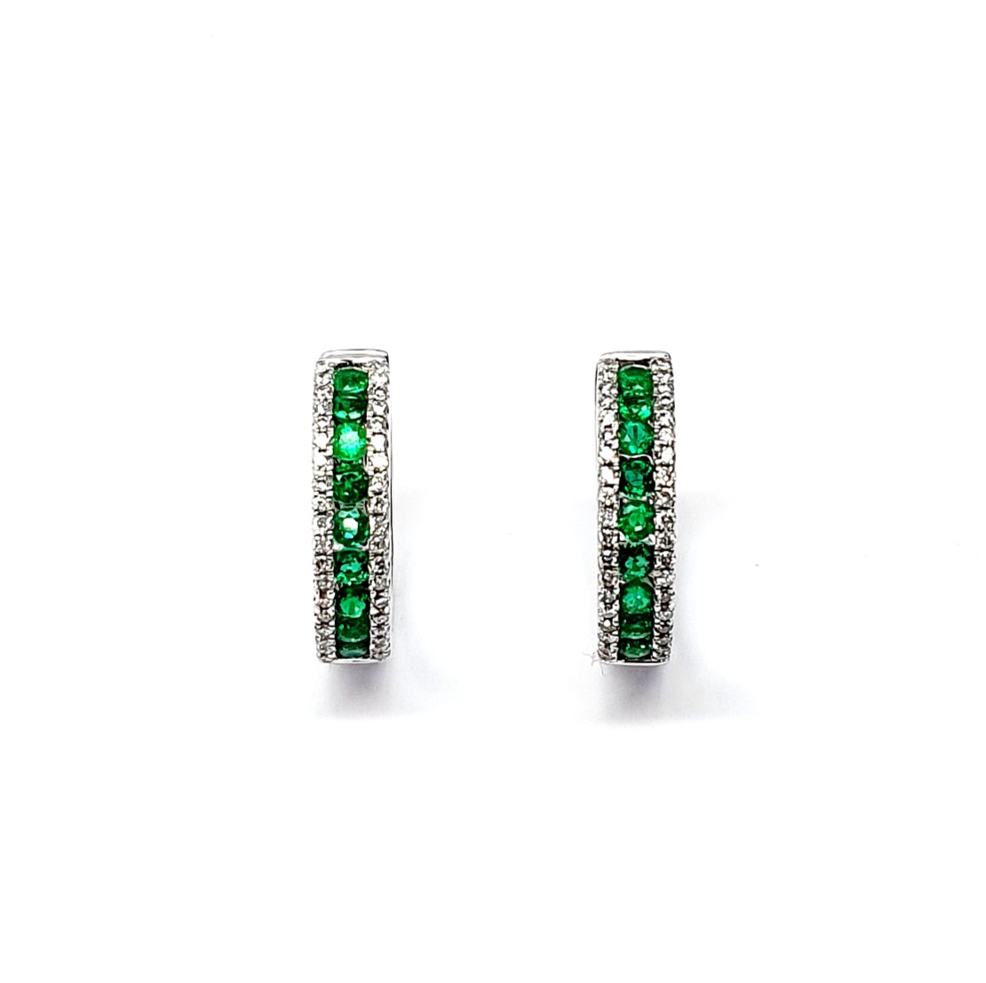 18ct White Gold Emerald & Diamond Hoop Earrings shown facing forward, displaying all emeralds and diamonds clearly.
