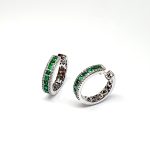 18ct White Gold Emerald & Diamond Hoop Earring facing left, highlighting the gemstones and white gold detail.