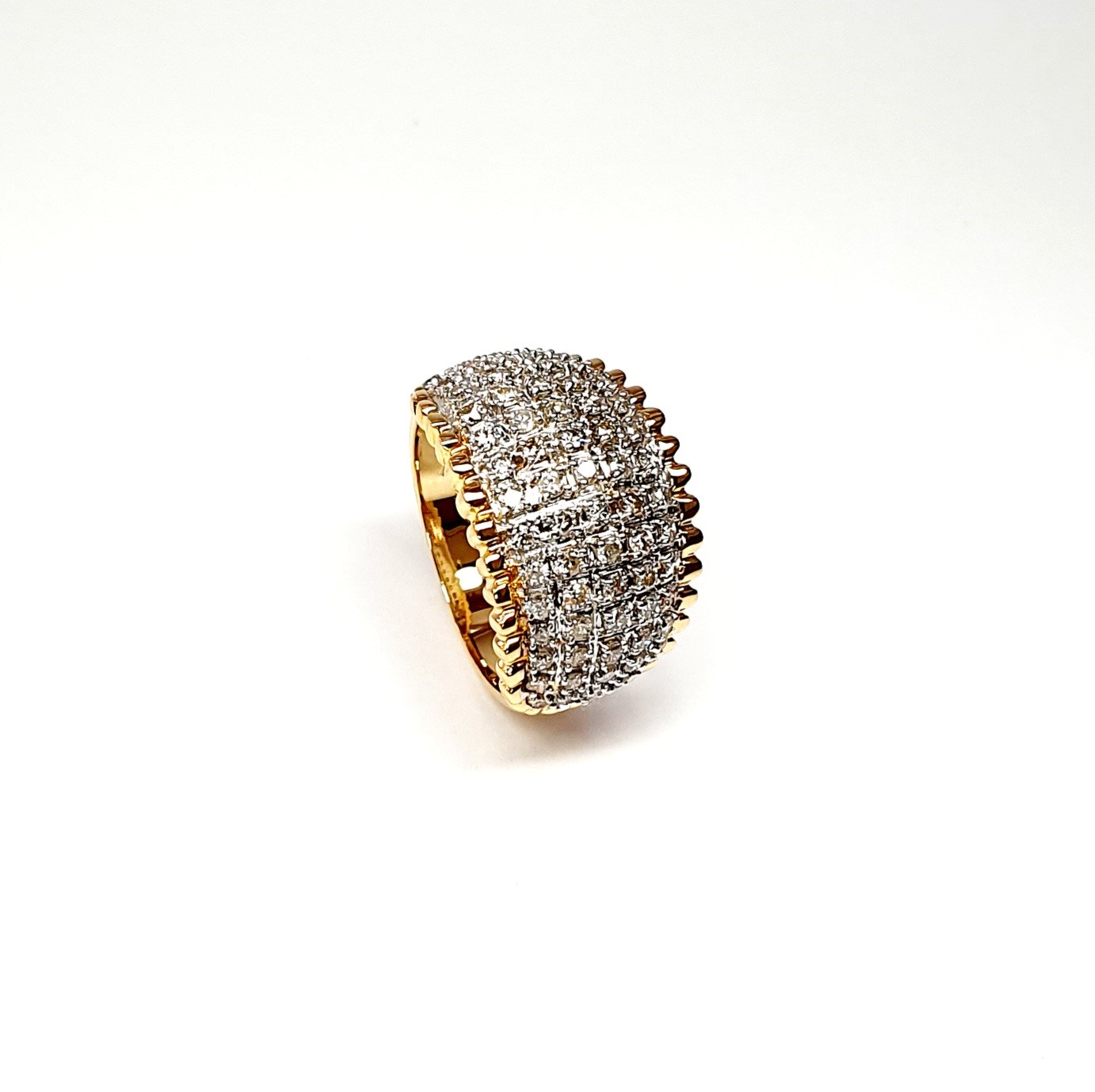Bombay ring with Seventy round diamonds In a rhodium Pave setting, the total diamond weight is approx. one carat with 7.8 grams of 18ct yellow gold width at the top widest part is 13.6mm tapering to 3.6mm at the back